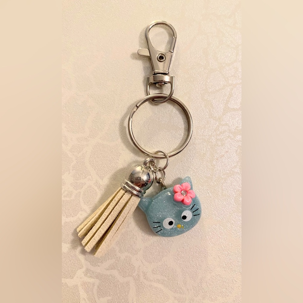 Cute Kitty Cat Tassel Keychain - Blue with Pink Flower